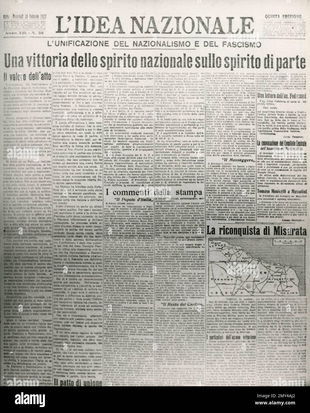 Titelseite der italienischen Zeitung L'idea Nazionale über die Vereinigung von Nationalismus und Faschismus, Italien, 28. Februar 1923 Stockfoto