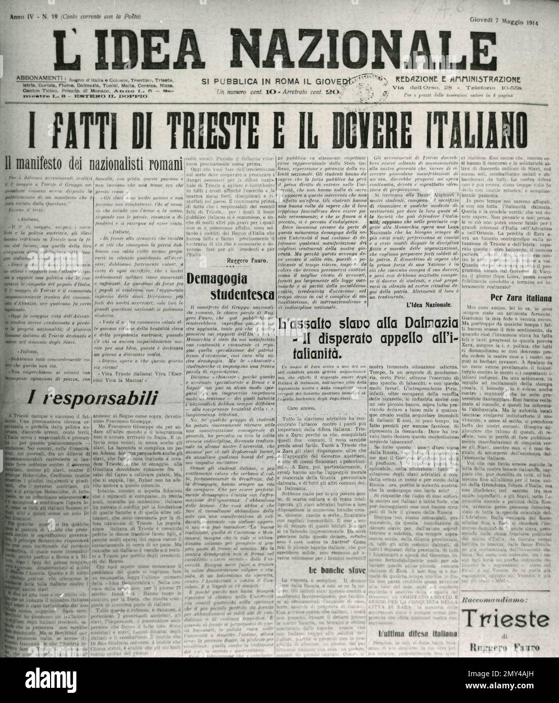 Titelseite der italienischen Zeitung L'idea Nazionale über die Fakten von Triest, Italien, Mai 7 1914 Stockfoto