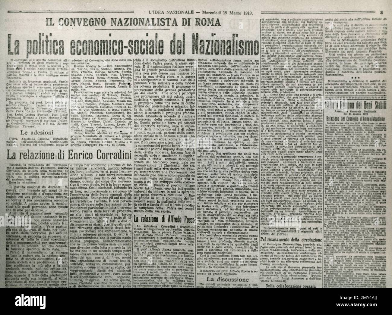 Dritte Seite der italienischen Zeitung L'idea Nazionale über den nationalistischen Kongress in Rom, Italien, 19. März 1919 Stockfoto