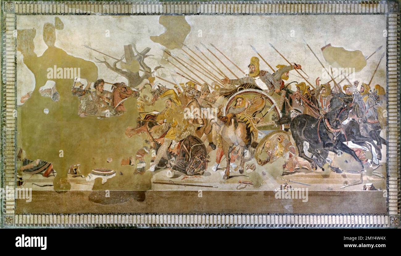 Alexander Der Große Mosaik. Römisches Bodenmosaik der Schlacht von Issus, genannt Alexander-Mosaik, im Haus des Faun, Pompeji, ca. 100 v. Chr. Es zeigt die Schlacht zwischen den Armeen Alexanders dem Großen und Darius III von Persien im Jahr 333 v. Chr Stockfoto