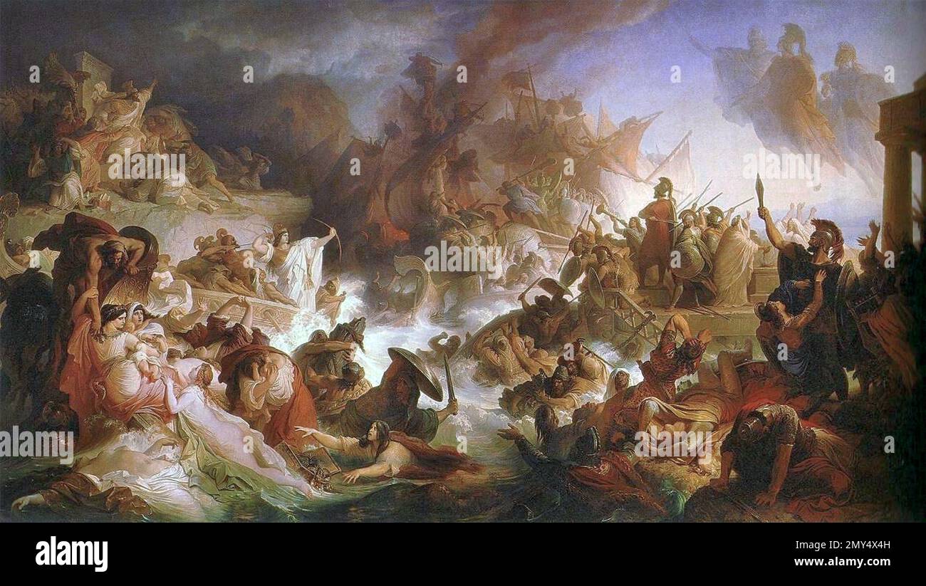 Die Schlacht von Salamis. Gemälde der Schlacht zwischen den Griechen und den Persern im Jahre 480 v. Chr. Die Seeschlacht in Salamis von Wilhelm von Kaulbac, Öl auf Leinwand, 1868 Stockfoto