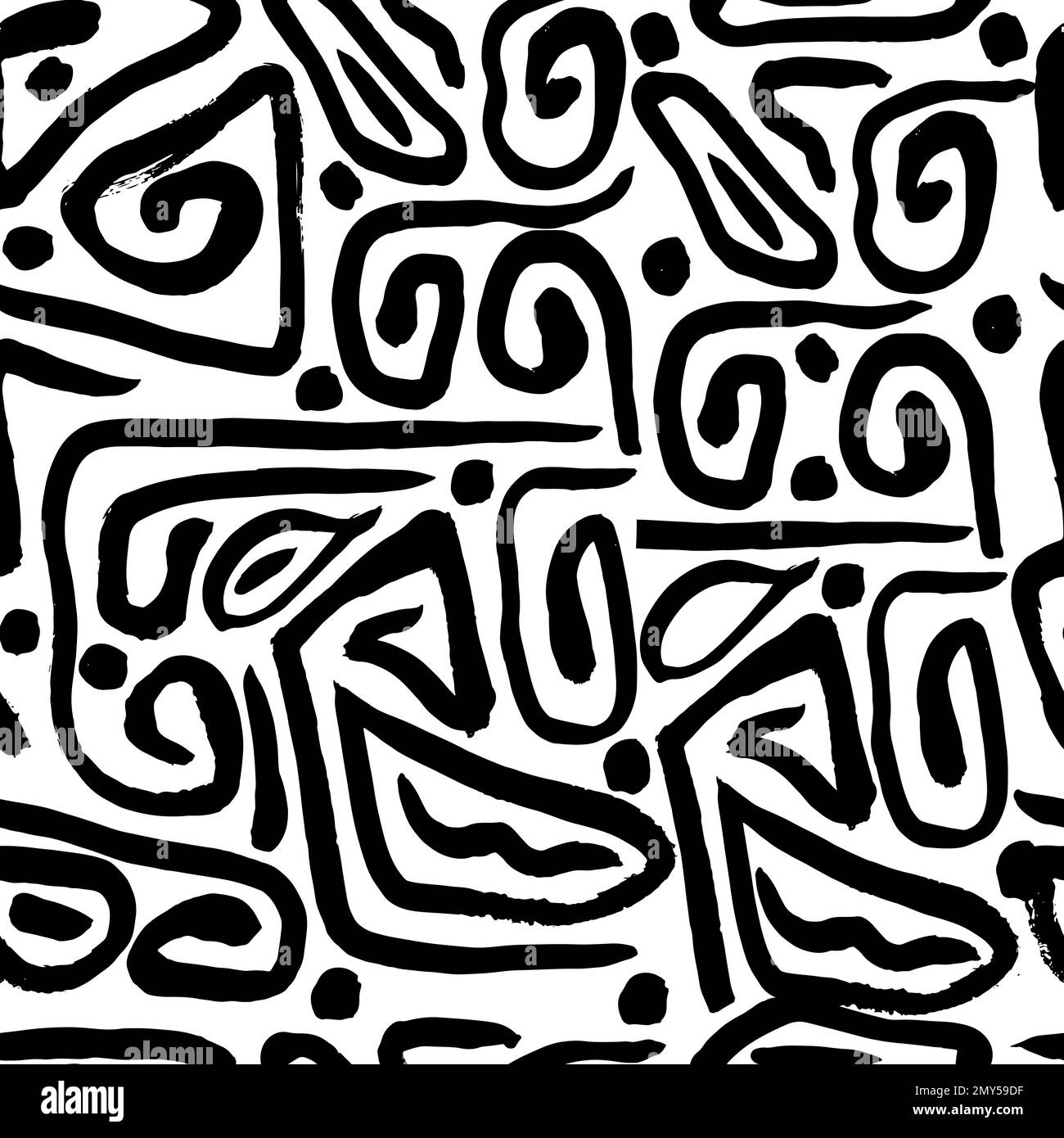 Nahtloses Muster mit handgezeichneten Pinselstrichen. Wellige und verdrehte Pinselstriche nahtloses Vektormuster. Abstraktes Tapetendesign, Textildruck Stock Vektor