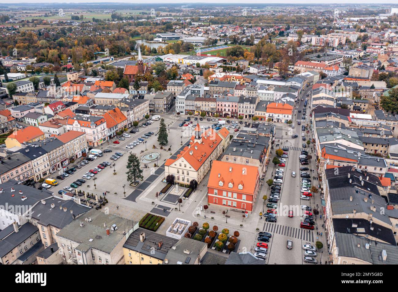 Kepno Stadtzentrum und Stadtmarkt aus der Vogelperspektive Stockfoto