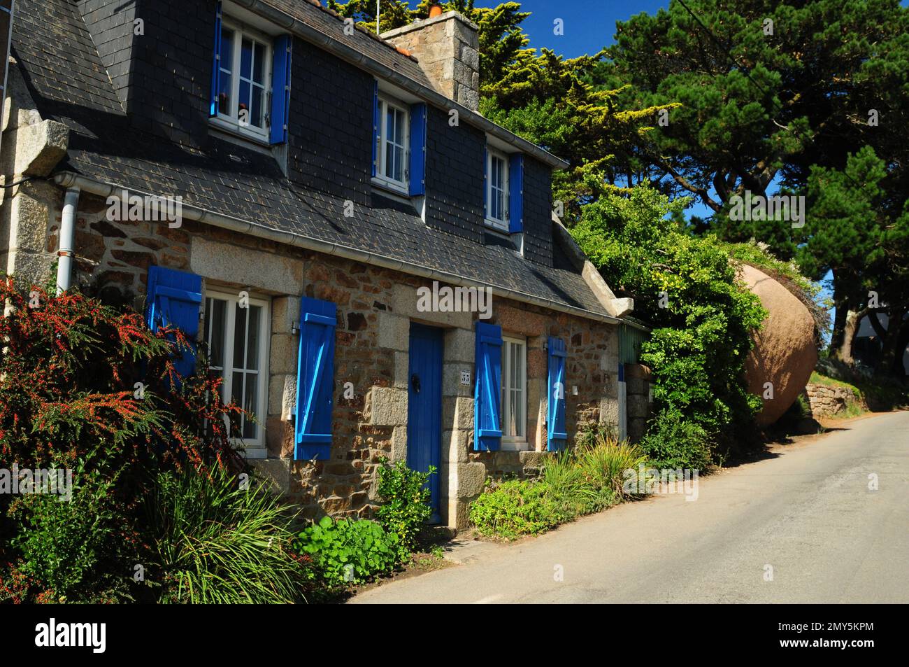 Wunderschönes antikes Landhaus mit blauen Fensterläden in Ploumanach Bretagne Frankreich an Einem wunderschönen sonnigen Sommertag mit klarem blauen Himmel Stockfoto