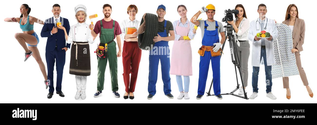 Collage mit Menschen verschiedener Berufe auf weißem Hintergrund. Bannerdesign Stockfoto