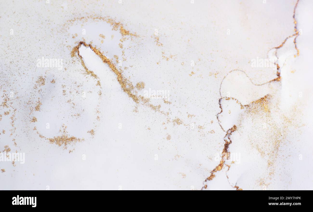 Weißer abstrakter Hintergrund. Originalhintergrund mit alkoholhaltigen Tinten bemalt Stockfoto