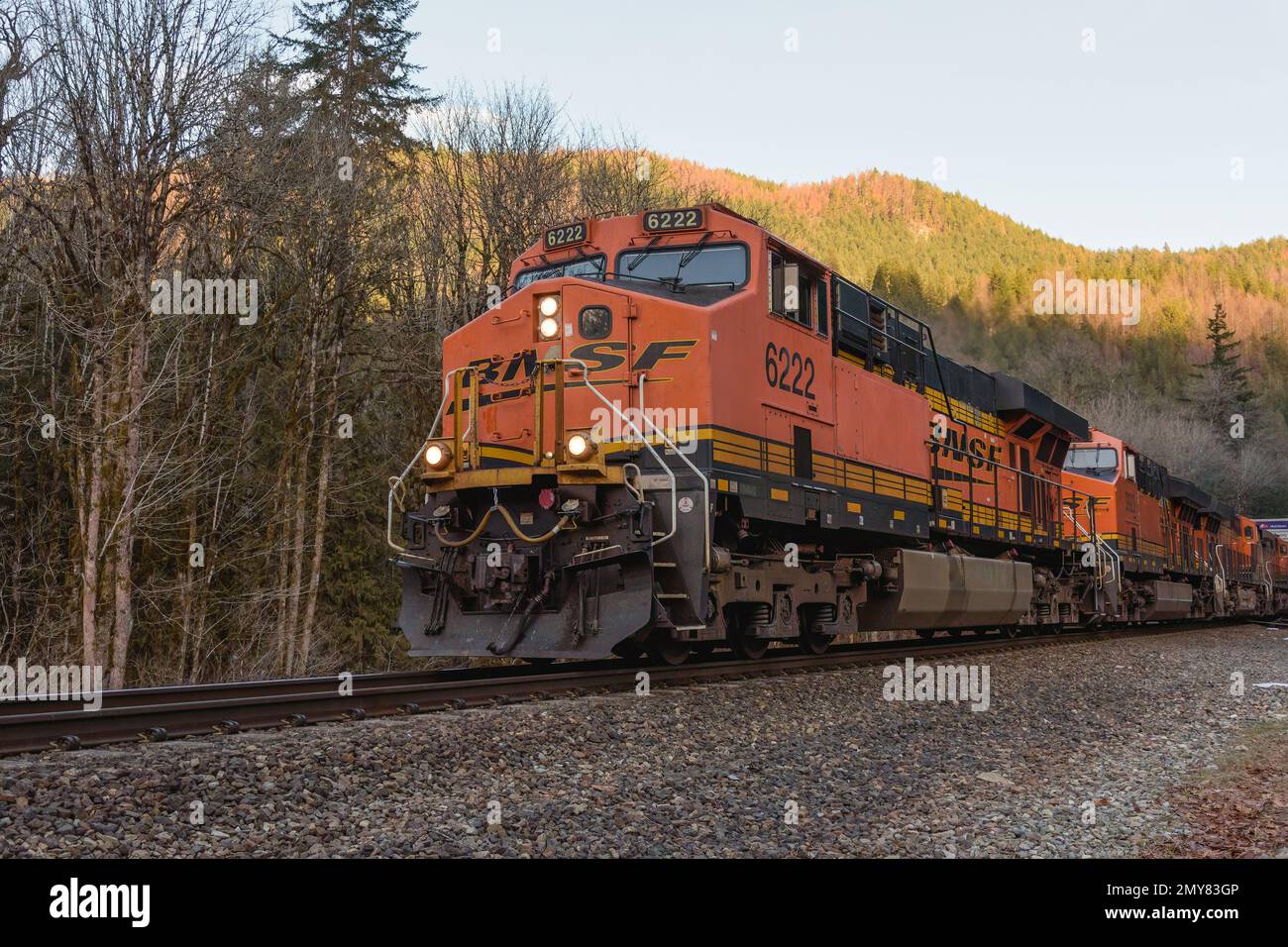 Skykomish, WA, USA - 1. Februar 2023; BNSF-Güterzug in den Washington Cascade Mountains mit der führenden General Electric-Lokomotive Stockfoto