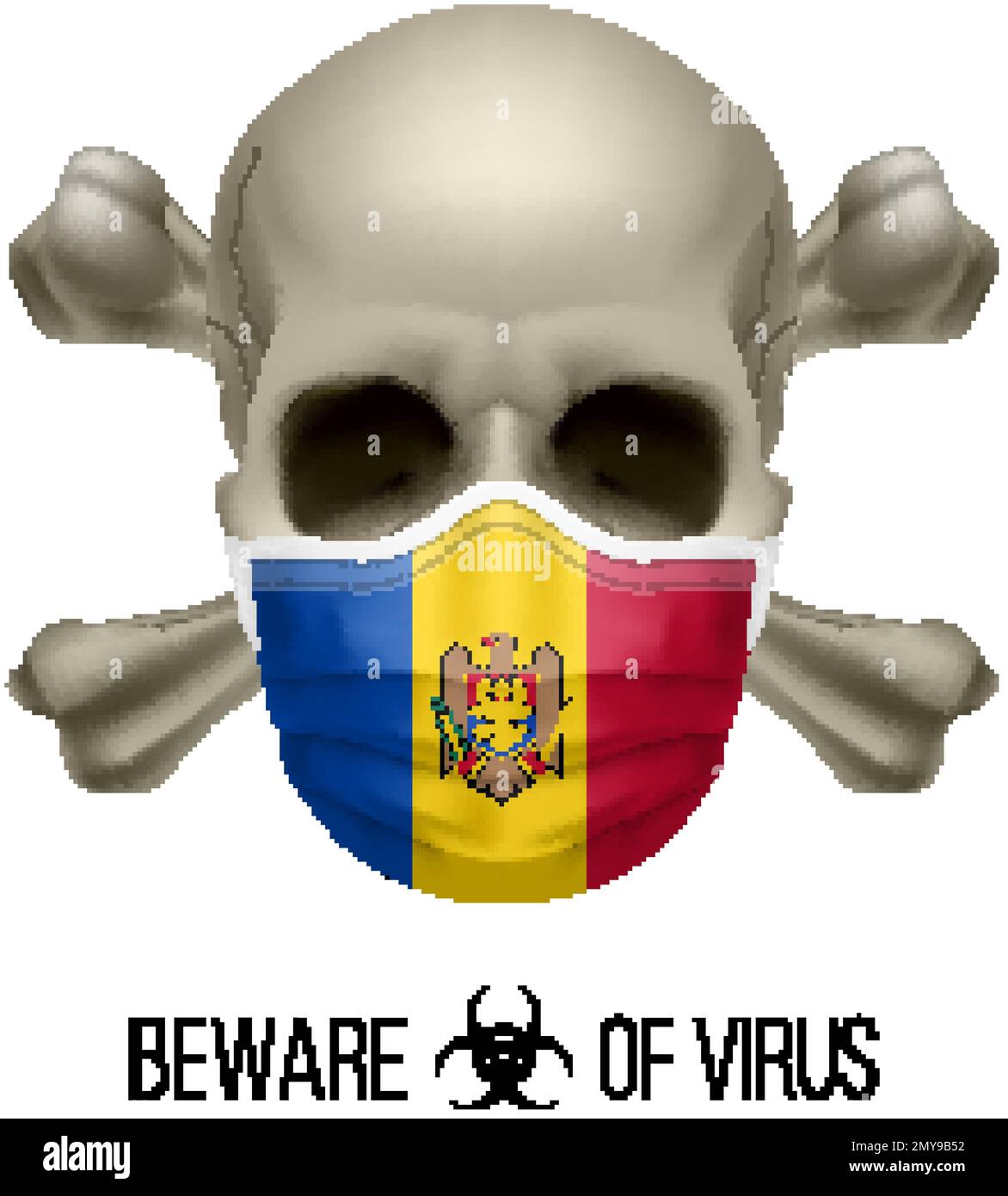 Menschlicher Schädel mit Kreuz und Operationsmaske in der Farbe der Nationalflagge Moldawien. Maske in Form der moldauischen Flagge und Schädel als Konzept von Dre Wa Stock Vektor