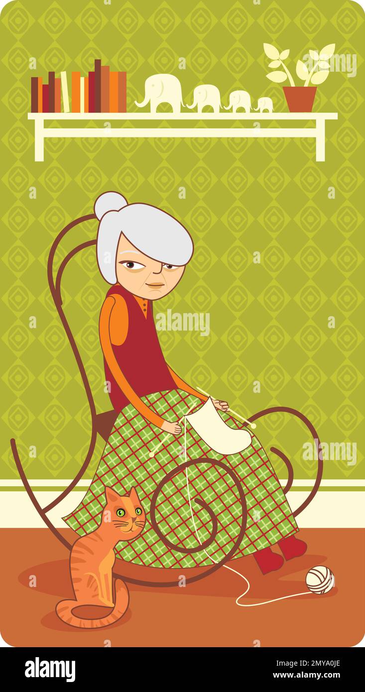 Alte Frau strickt zu Hause in einem Schaukelstuhl. Abbildung eines flachen Vektors Stock Vektor