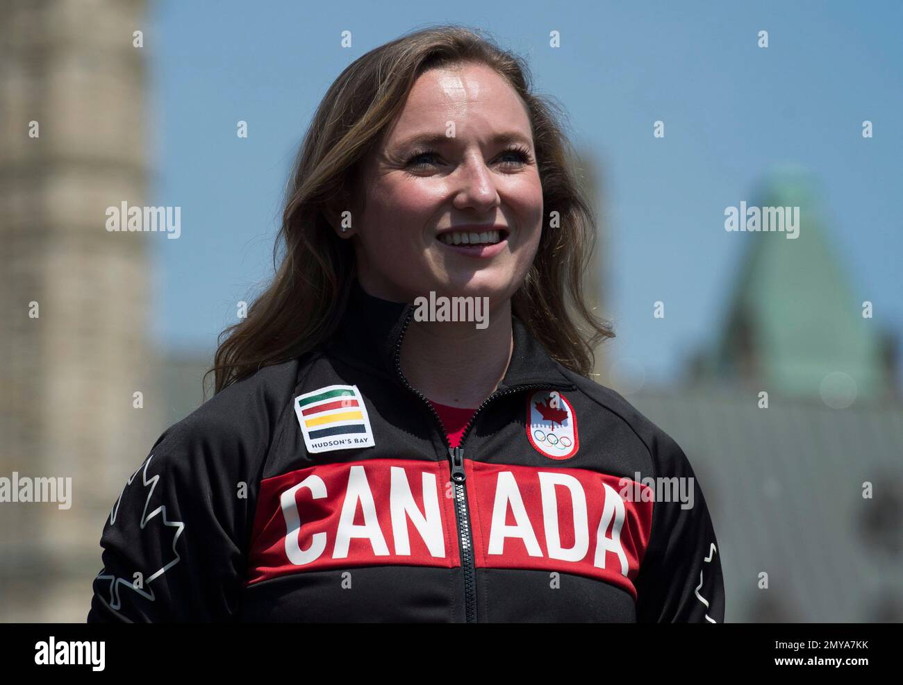 Canadian athlete Rosie MacLennan smiles after being named the flag bearer for the upcoming Summer Olympics Thursday July 21, 2016 in Ottawa. (Adrian Wyld/The Canadian Press via AP) Stockfoto