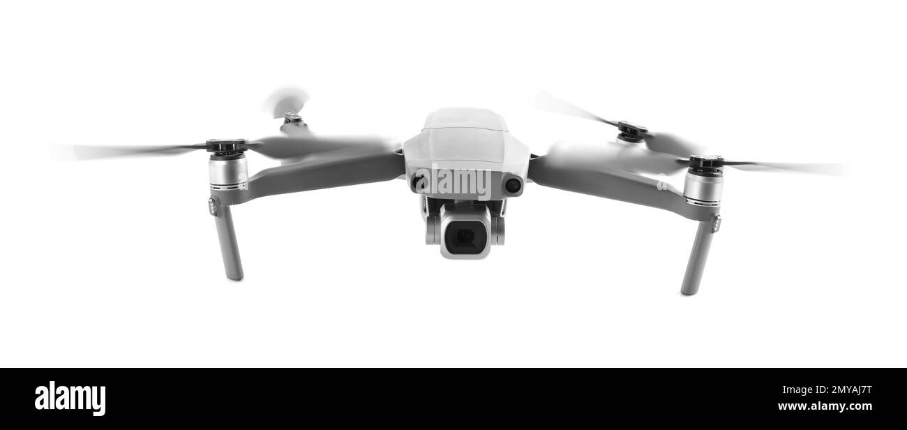 Moderne Drohne auf weißem Hintergrund. Bannerdesign Stockfoto