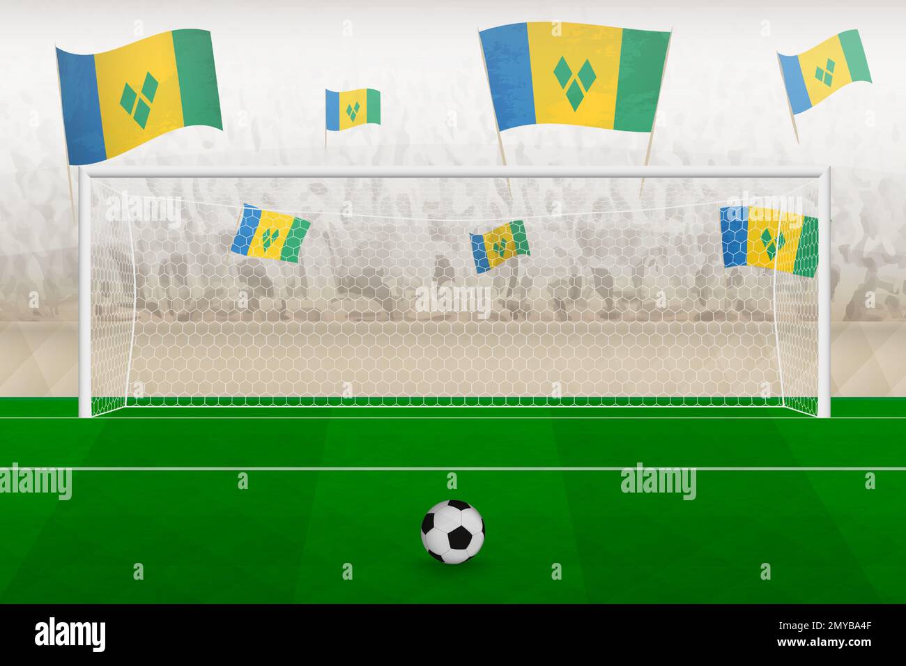 Fans der Fußballmannschaft St. Vincent und die Grenadinen mit Flaggen von St. Vincent und den Grenadinen, die das Stadion anfeuern, Penalty-Kick-Konzept in einem socc Stock Vektor
