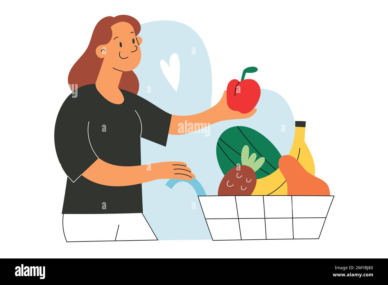 Lächelnde junge Frau, die frisches Obst im Supermarkt kauft, einen Apfel in einen Einkaufswagen mit verschiedenen Früchten im Supermarkt stellt. Flach Stock Vektor