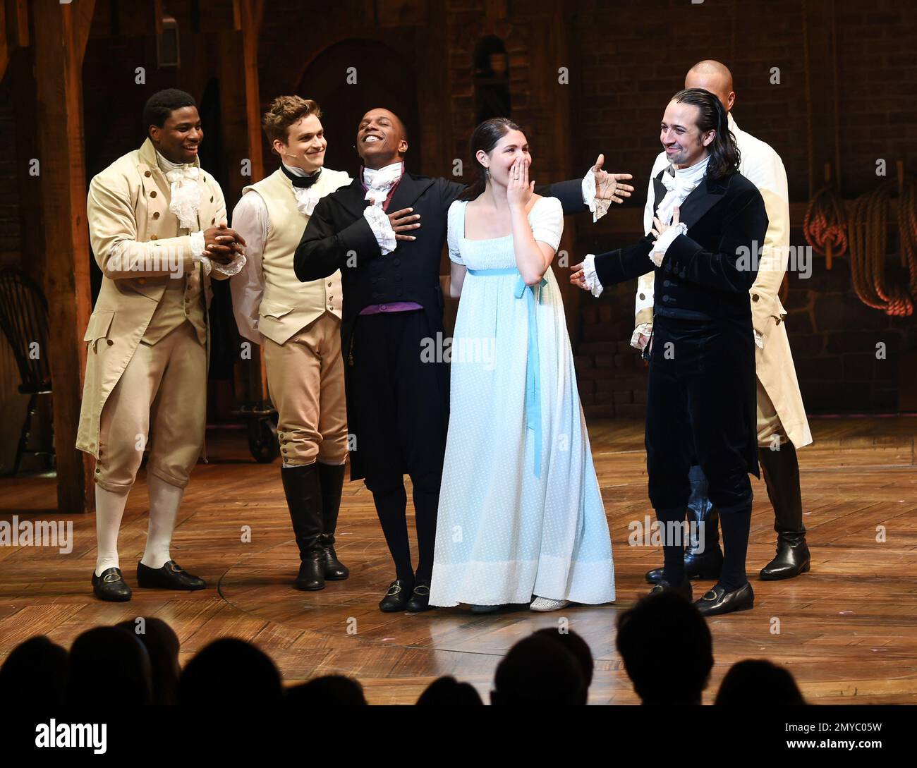 Actors Leslie Odom Jr., left, Phillipa Soo, and Christopher Jackson