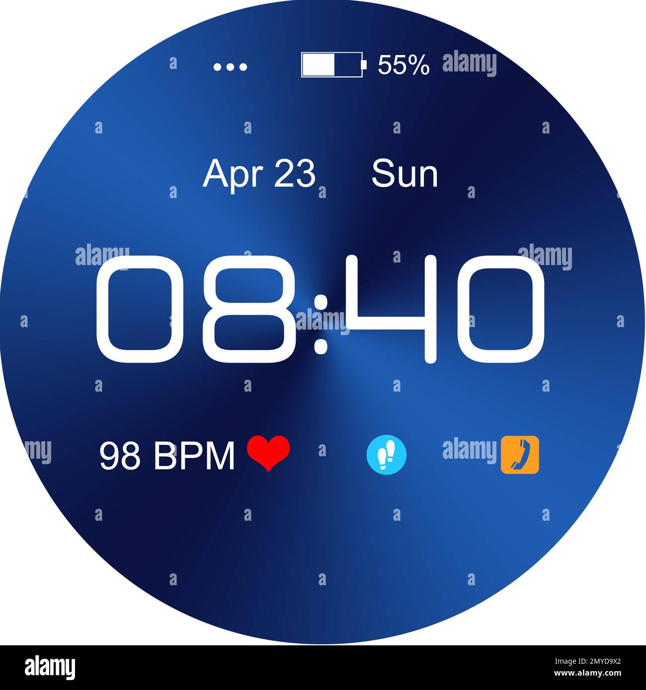 Smartwatch. Uhrzeit, Datum, Herzfrequenz und Symbole auf dem Display Stockfoto