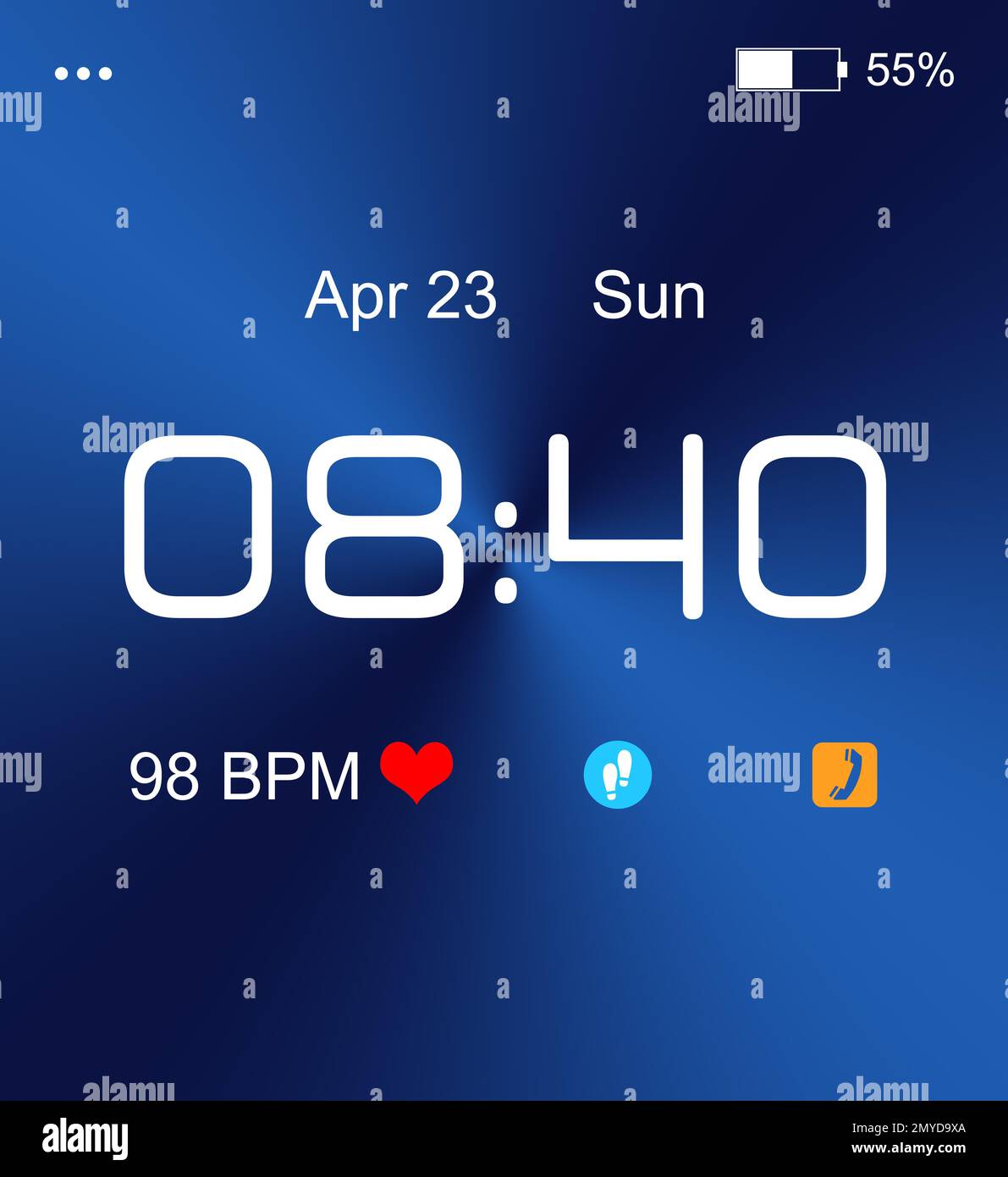 Smartwatch. Uhrzeit, Datum, Herzfrequenz und Symbole auf dem Display Stockfoto