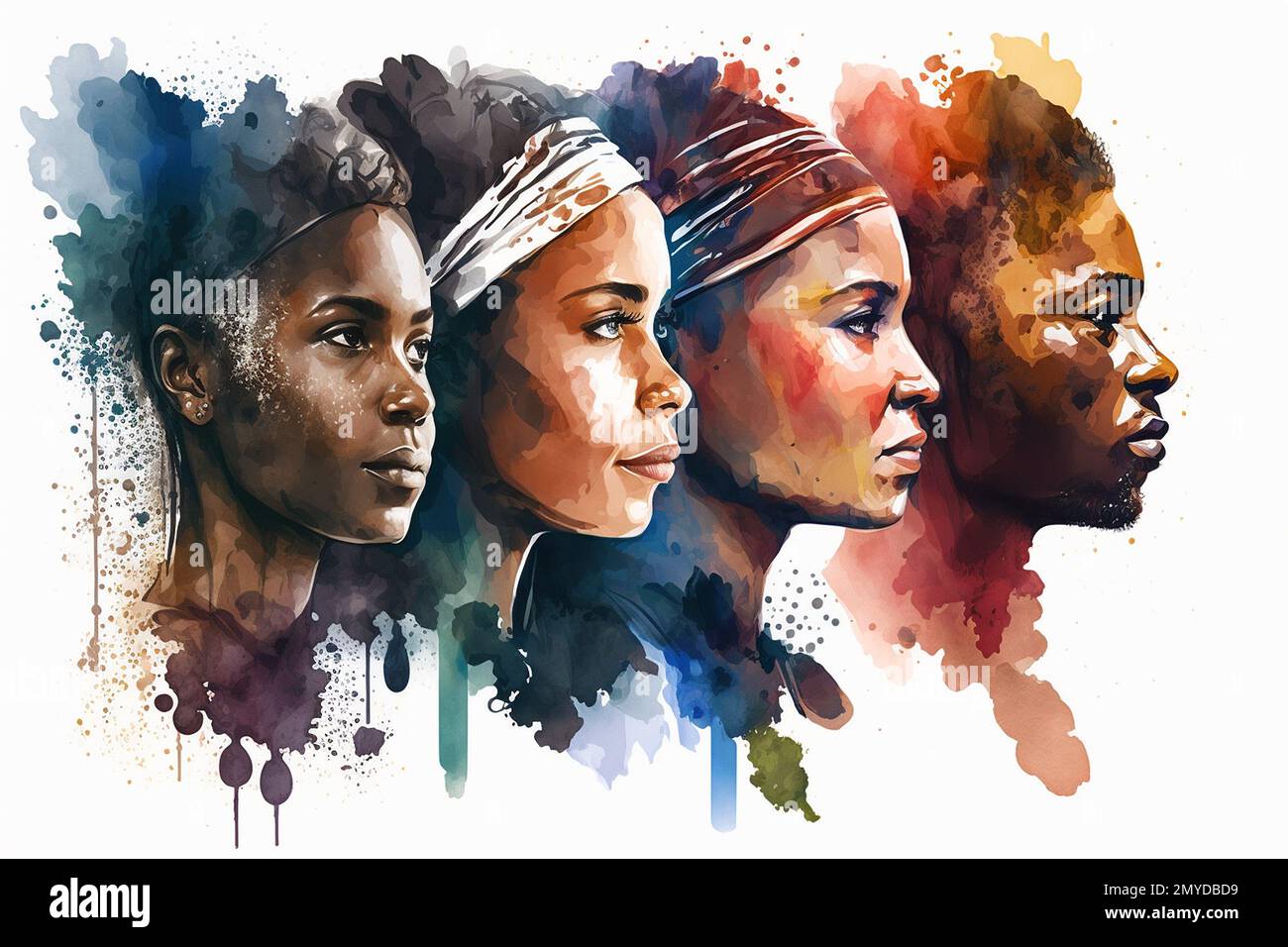 Aquarell-Design-Porträt verschiedener Ethnien menschlicher Gesichter. Bannerdesign. Stockfoto