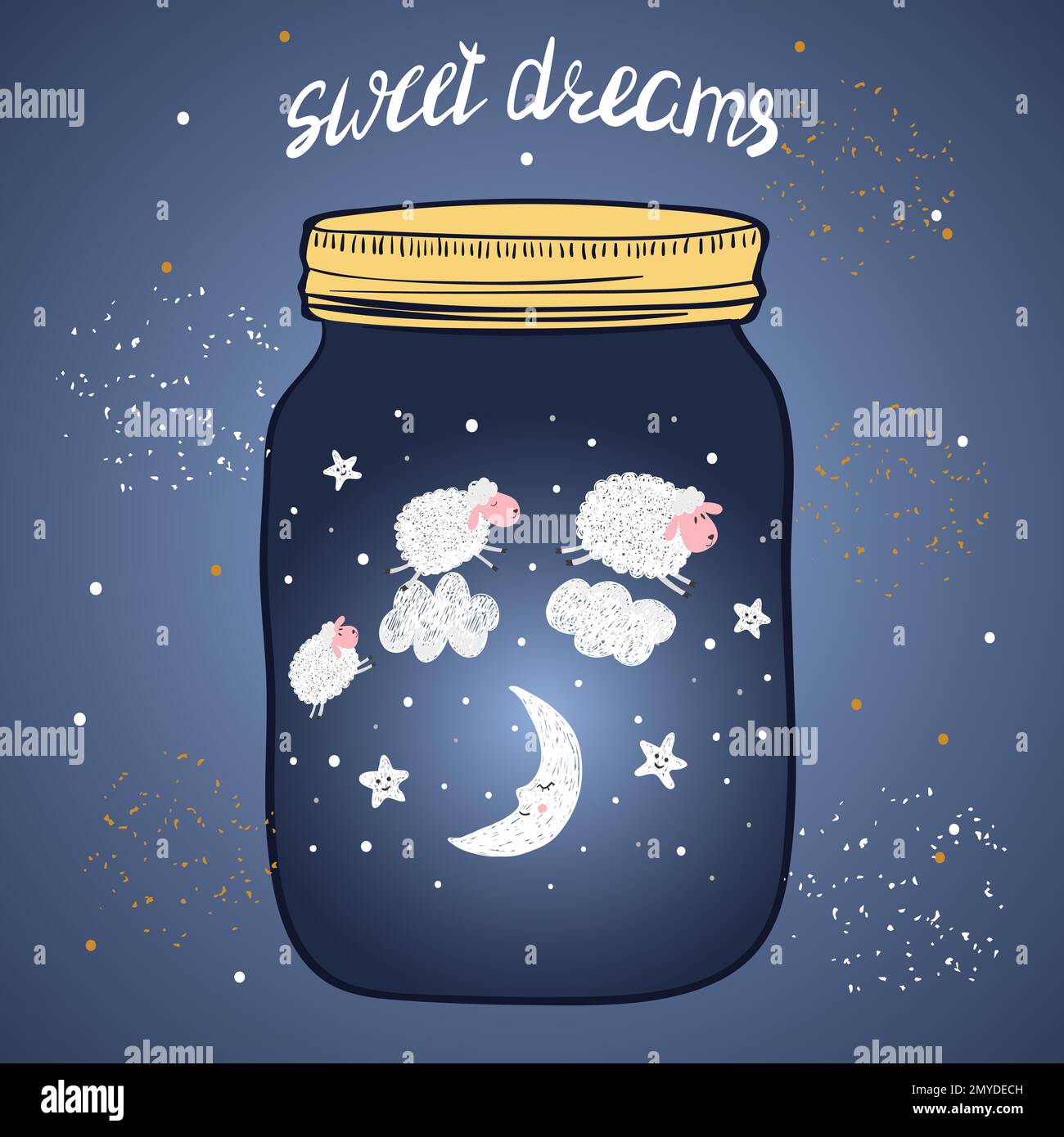 Süße Träume Vektordarstellung. Handgezogenes Glas mit schlafendem, lächelndem Mond und süßen Schafen. Stock Vektor