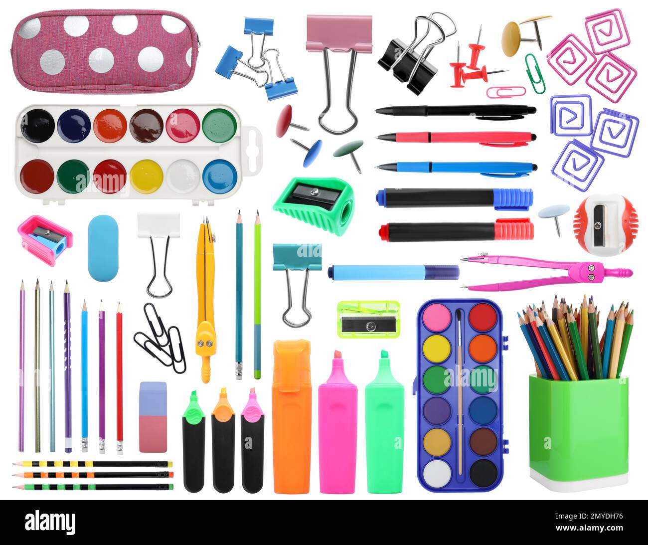 Helles Schulpapier auf weißem Hintergrund Stockfoto