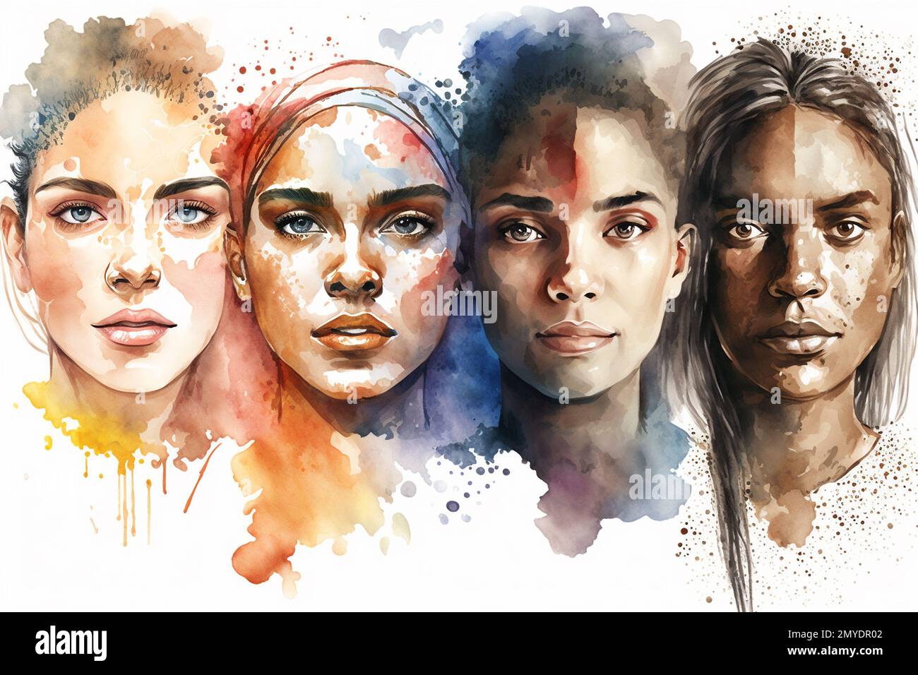 Aquarell-Design-Porträt verschiedener Ethnien menschlicher Gesichter. Bannerdesign. Stockfoto