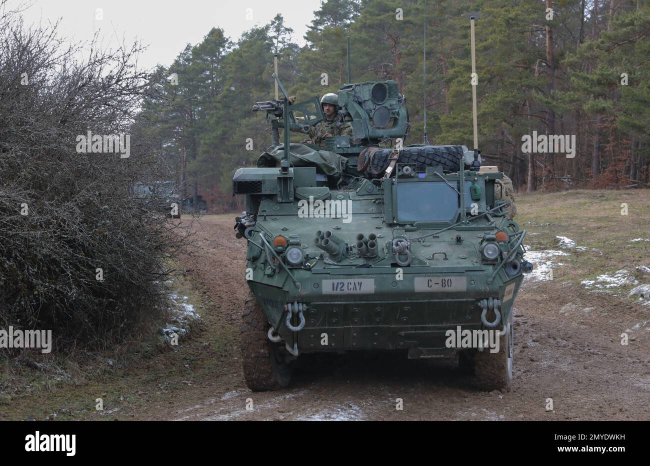 Bayern, Deutschland. 29. Januar 2023. Soldaten des 2D. Kavallerie-Regiments manövrieren einen stryker für einen Hinterhalt während Dragoon Ready 23 im Joint multinational Readiness Center bei Hohenfels, Deutschland, am Januar. 29, 2023. Dragoon Ready 23 wurde entwickelt, um die Bereitschaft des Regiments zu gewährleisten und das Regiment in seinen grundlegenden Aufgaben zur Unterstützung einheitlicher Landeinsätze zu Schulen, um seine Kenntnisse zu verbessern und die Interoperabilität mit den NATO-Alliierten zu verbessern. Zu den Übungsteilnehmern gehören etwa 2.500 US-Dollar Soldaten des 2D. Kavallerie-Regiments, 150 US-Dollar Soldaten von der 12. Kampfluftfahrtbrigade und 150. Dienstmem Stockfoto