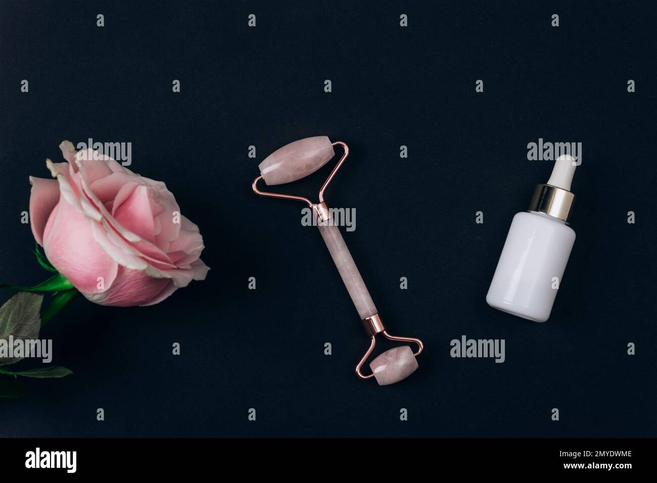 Weiße Kosmetikflasche, Gesichtswalze und rosafarbene Rosenblume auf schwarzem Hintergrund. Naturkosmetik, Hautpflegekonzept. Draufsicht, flach liegend. Stockfoto