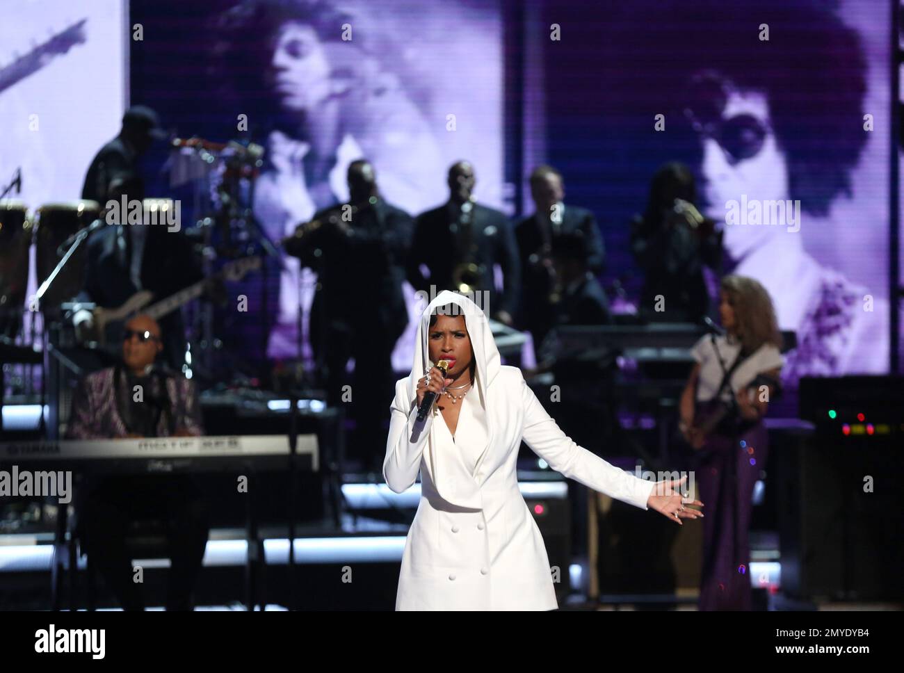 Jennifer Hudson performs “Purple Rain” during a tribute to Prince at