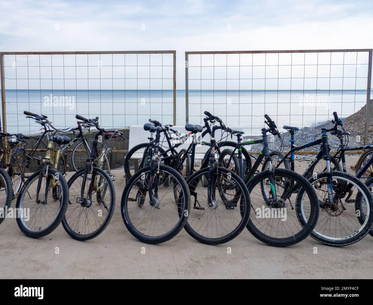 Fahrräder können nacheinander gemietet werden. Verkauf von Fahrrädern. Zweirädrige Fahrzeuge. Im Urlaub auf See. Das Konzept des arnd-Transports für den Sport Stockfoto