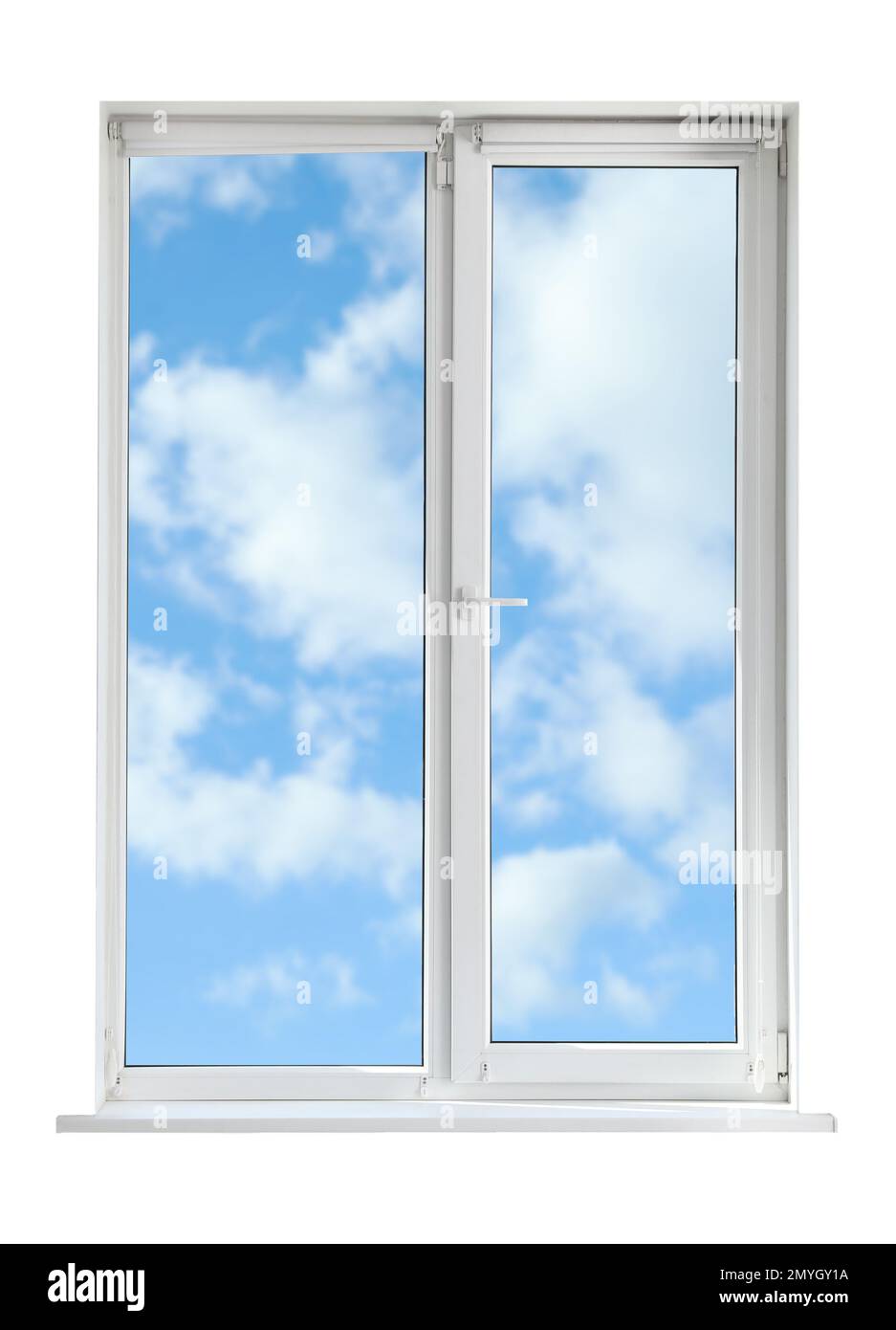 Blauer Himmel mit Wolken, Blick durch Plastikfenster Stockfoto