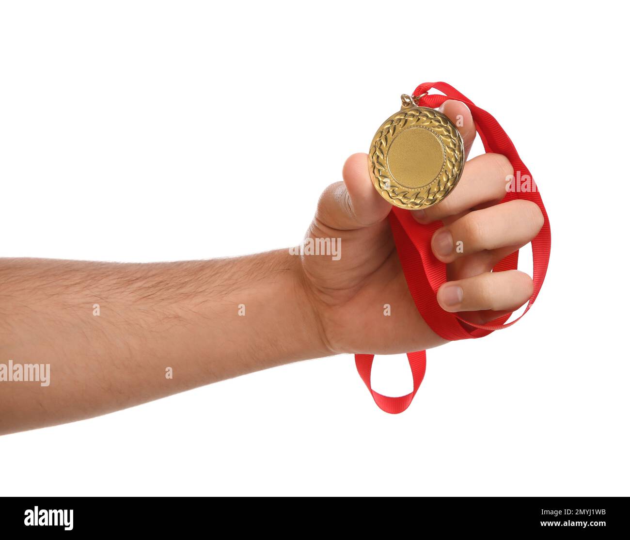 Mann mit Goldmedaille auf weißem Hintergrund, Nahaufnahme. Raum für Design Stockfoto