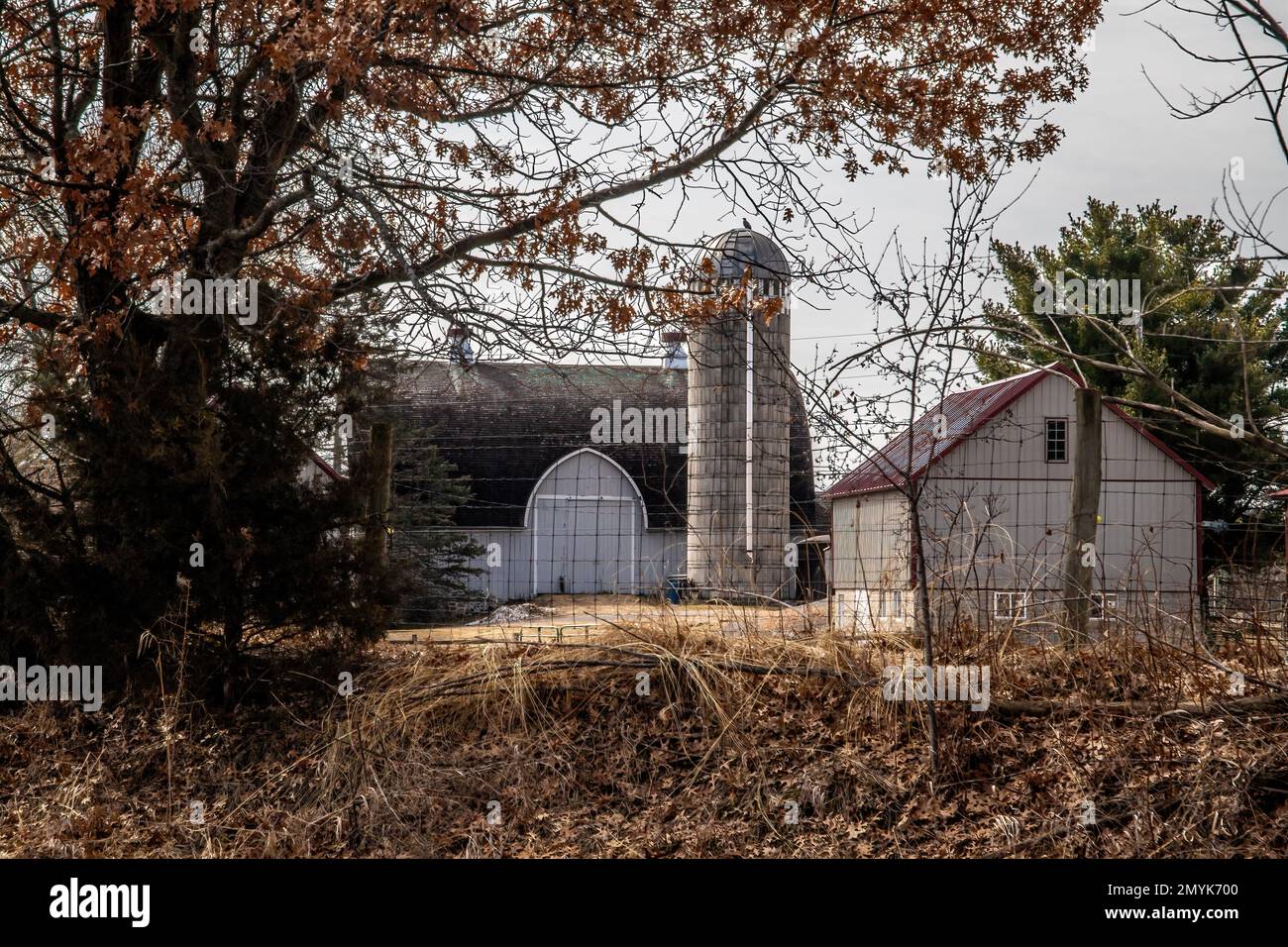 Eine Farm mit Scheune, Silo und einem Schuppen im Frühling in Stillwater, Minnesota, USA. Stockfoto