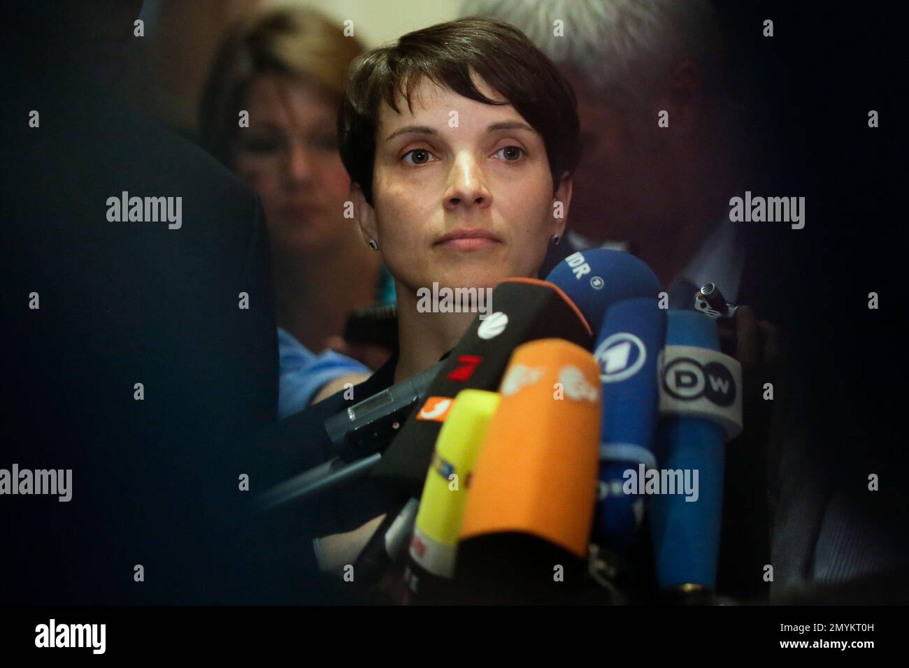 Frauke Petry, chairwoman of the right-wing populist party AfD, Alternative for Germany, attends a joint news conference after a meeting with members of the Central Council of Muslims in Germany, in Berlin, Germany, Monday, May 23, 2016. (AP Photo/Markus Schreiber) Stockfoto