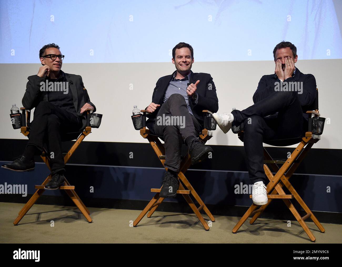 Fred Armisen, from left, Bill Hader and Seth Meyers participate in a panel discussion at the Documentary Now! FYC Event at the Writer's Guild Theater on Friday, May 13, 2016, in Beverly Hills, Calif. (Photo by Jordan Strauss/Invision for IFC/AP Images) Stockfoto