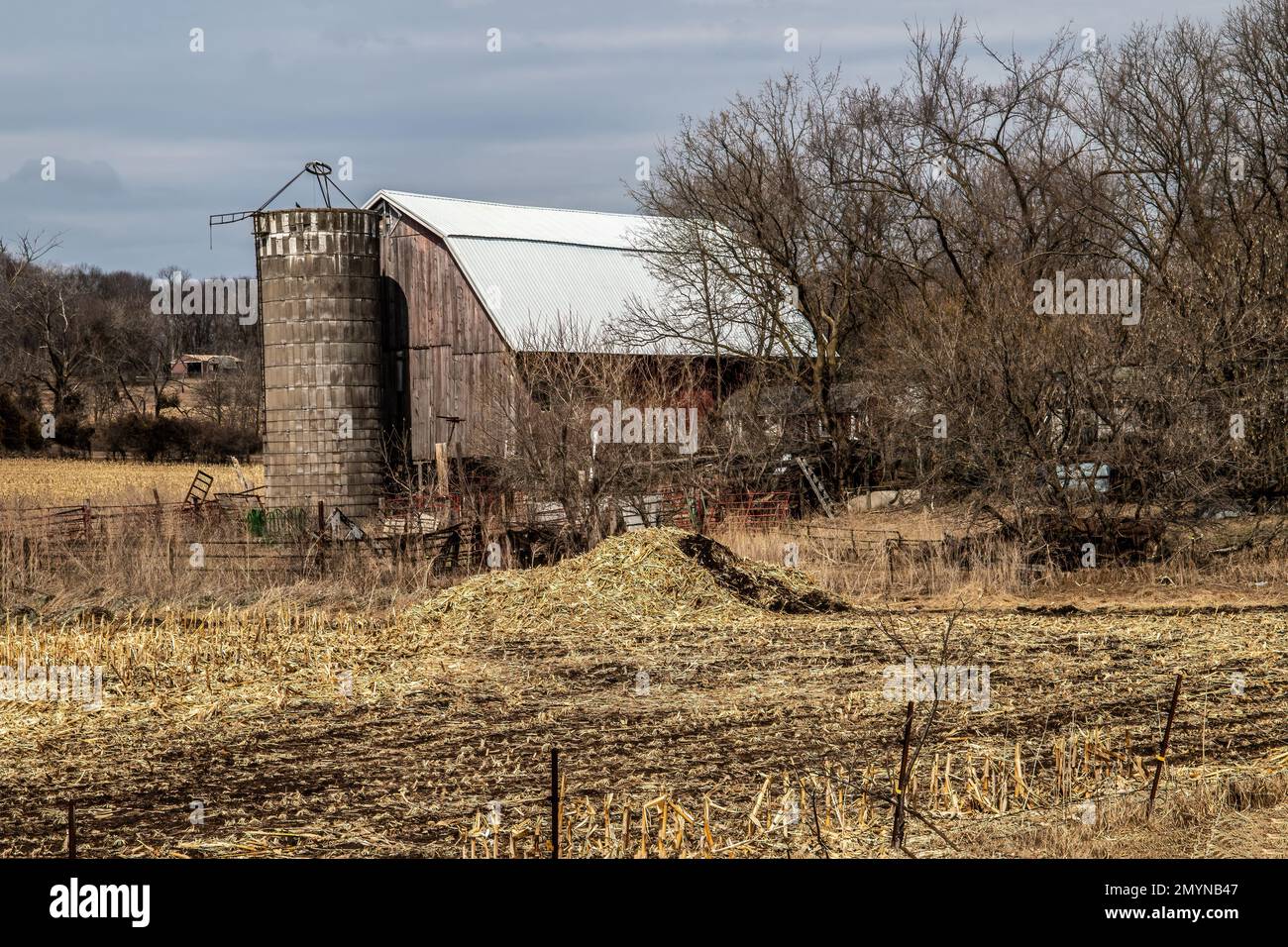Rustikale verwitterte Scheune und Silo im Frühling in Stillwater, Minnesota, USA. Stockfoto