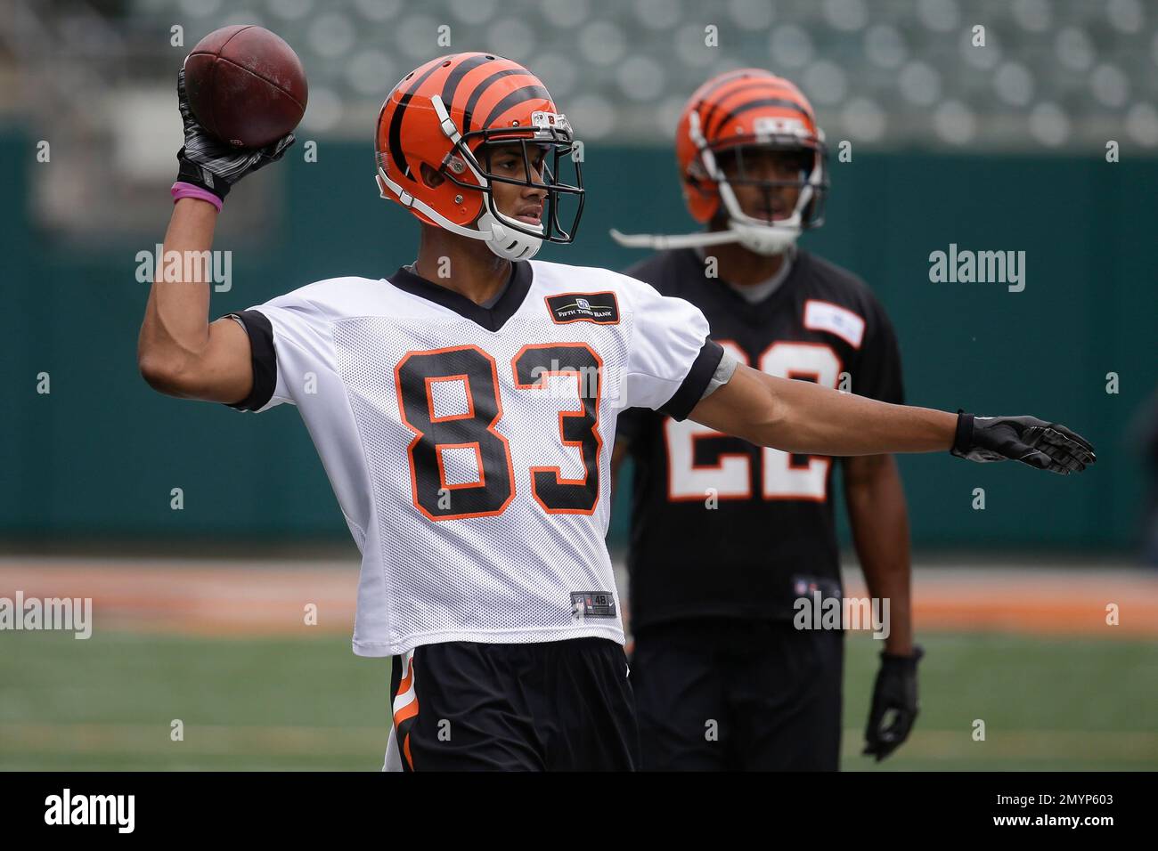 Cincinnati Bengals wide receiver and second-round pick Tyler Boyd, left, tosses a football after running a play against cornerback and first-round draft pick William Jackson III during NFL football rookie minicamp, Saturday, May 7, 2016, in Cincinnati. (AP Photo/John Minchillo) Stockfoto