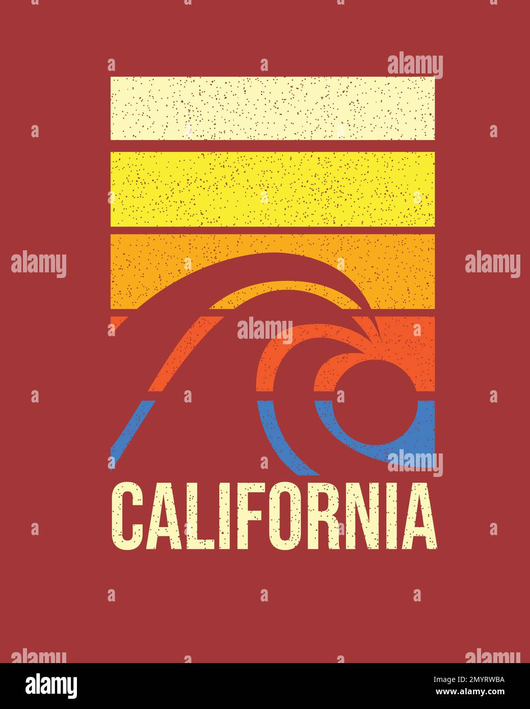 Kalifornischer Retro-Strand Wellen Sonnenuntergang farbenfrohes Poster-Grafikdesign mit T-Shirt-Druck Stock Vektor