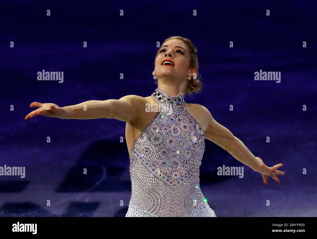 Gracie Gold, of the United States, skates during the exhibition program at the World Figure Skating Championships, Sunday, April 3, 2016, in Boston. (AP Photo/Elise Amendola) Stockfoto