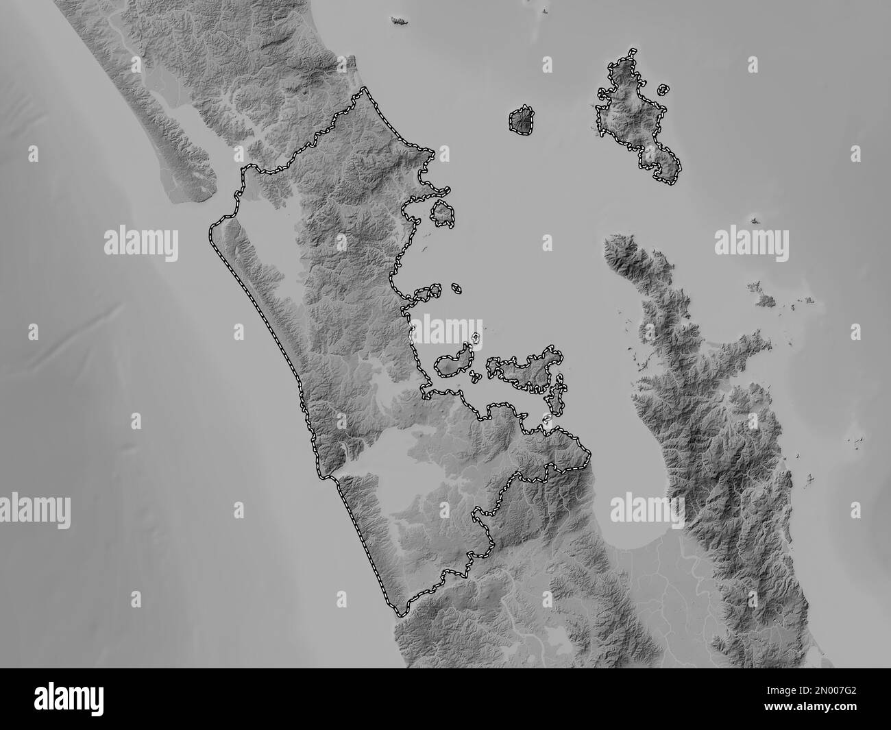 Auckland, regionalrat Neuseelands. Grauskala-Höhenkarte mit Seen und Flüssen Stockfoto