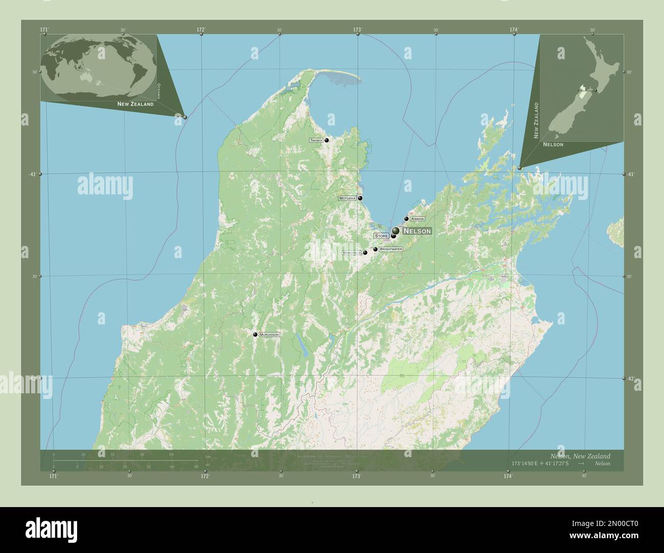 Nelson, Einheit Neuseelands. Straßenkarte Öffnen. Standorte und Namen der wichtigsten Städte der Region. Eckkarten für zusätzliche Standorte Stockfoto