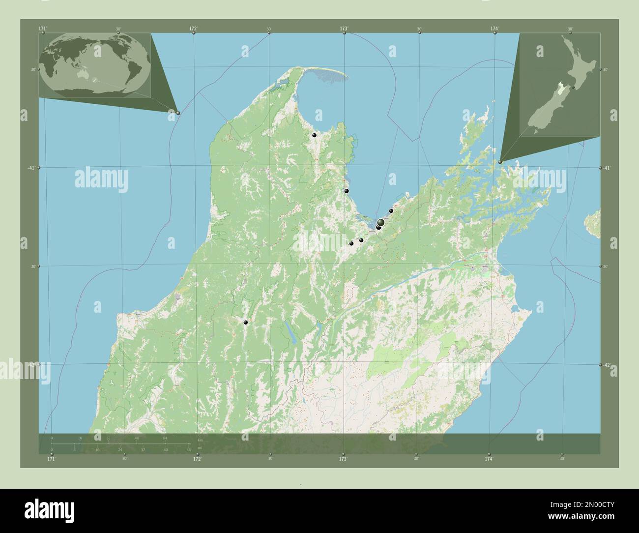 Nelson, Einheit Neuseelands. Straßenkarte Öffnen. Standorte der wichtigsten Städte der Region. Eckkarten für zusätzliche Standorte Stockfoto