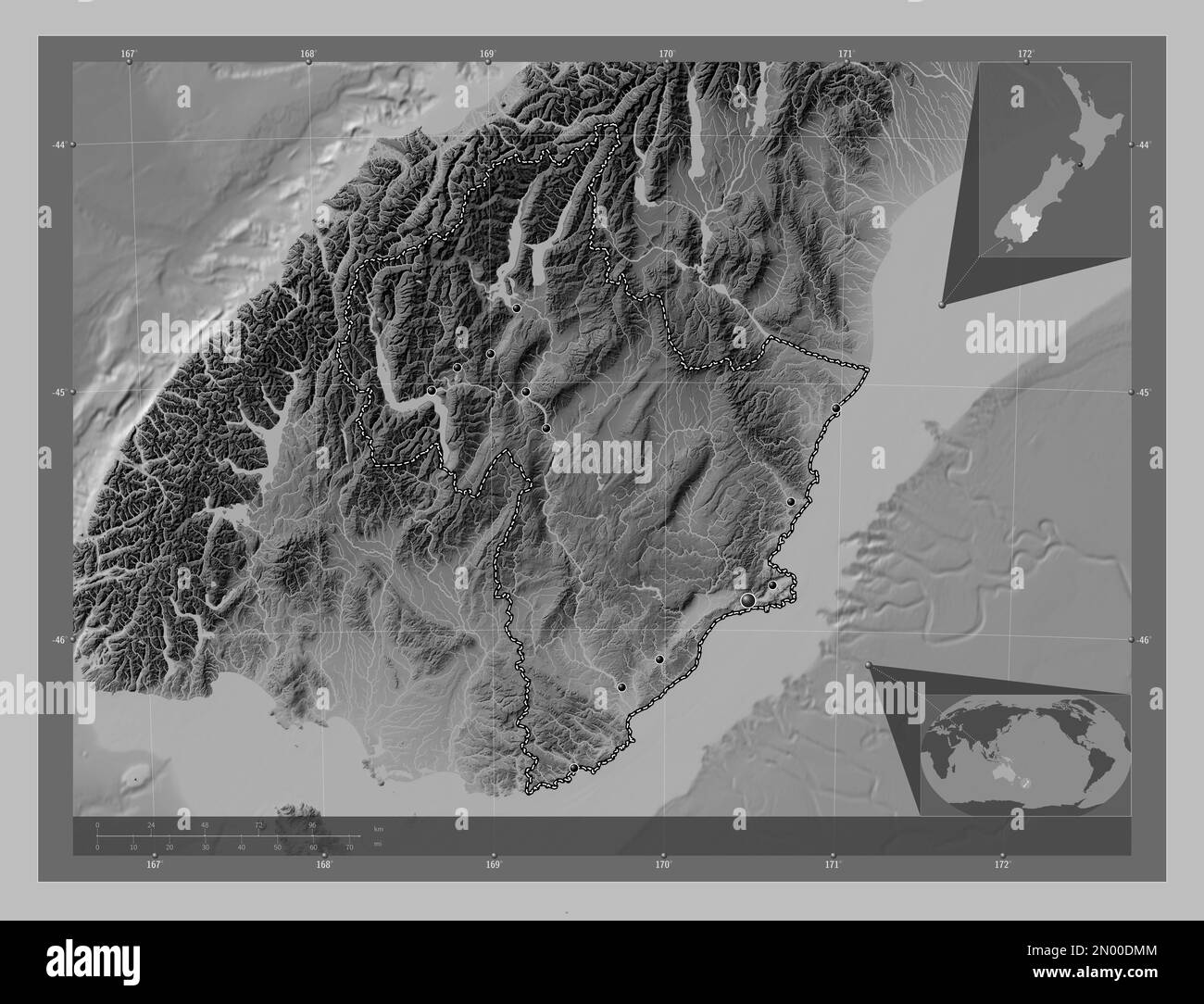 Otago, regionalrat Neuseelands. Grauskala-Höhenkarte mit Seen und Flüssen. Standorte der wichtigsten Städte der Region. Ecke Zusatzposition Stockfoto