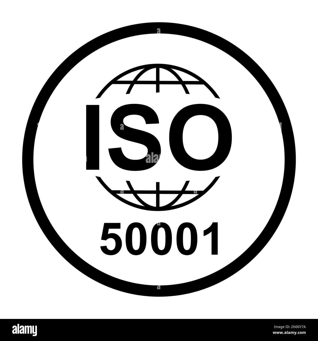 ISO 50001-Symbol. Energiemanagement. Symbol für Standardqualität. Vektor-Button-Zeichen auf schwarzem Hintergrund isoliert. Stock Vektor