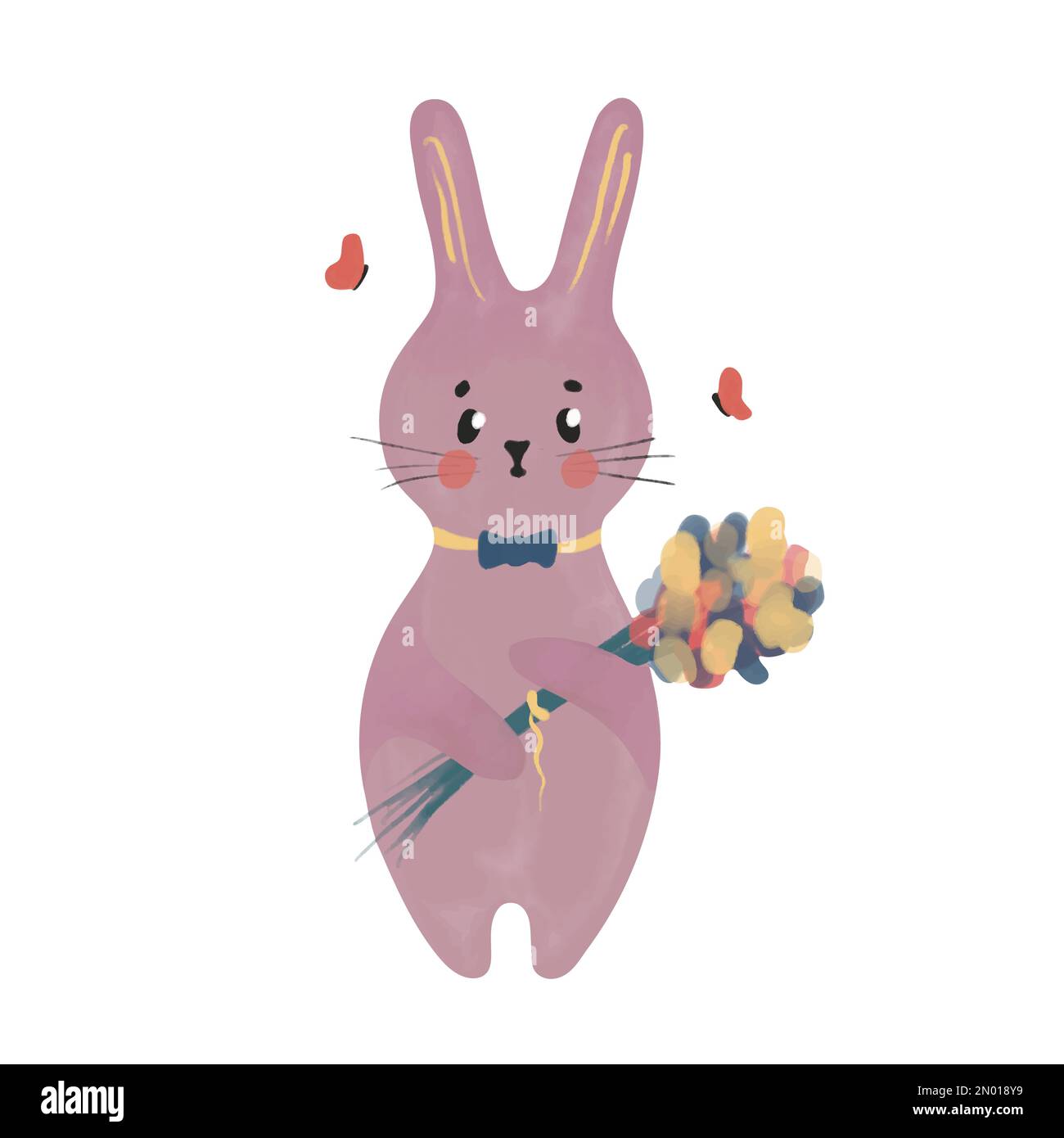 Süßes Kaninchen in Aquarellfarben. Frühlingsblümchen mit Fliege und Blumenstrauß. Konstruktionselement auf weißem Hintergrund isoliert. Stock Vektor