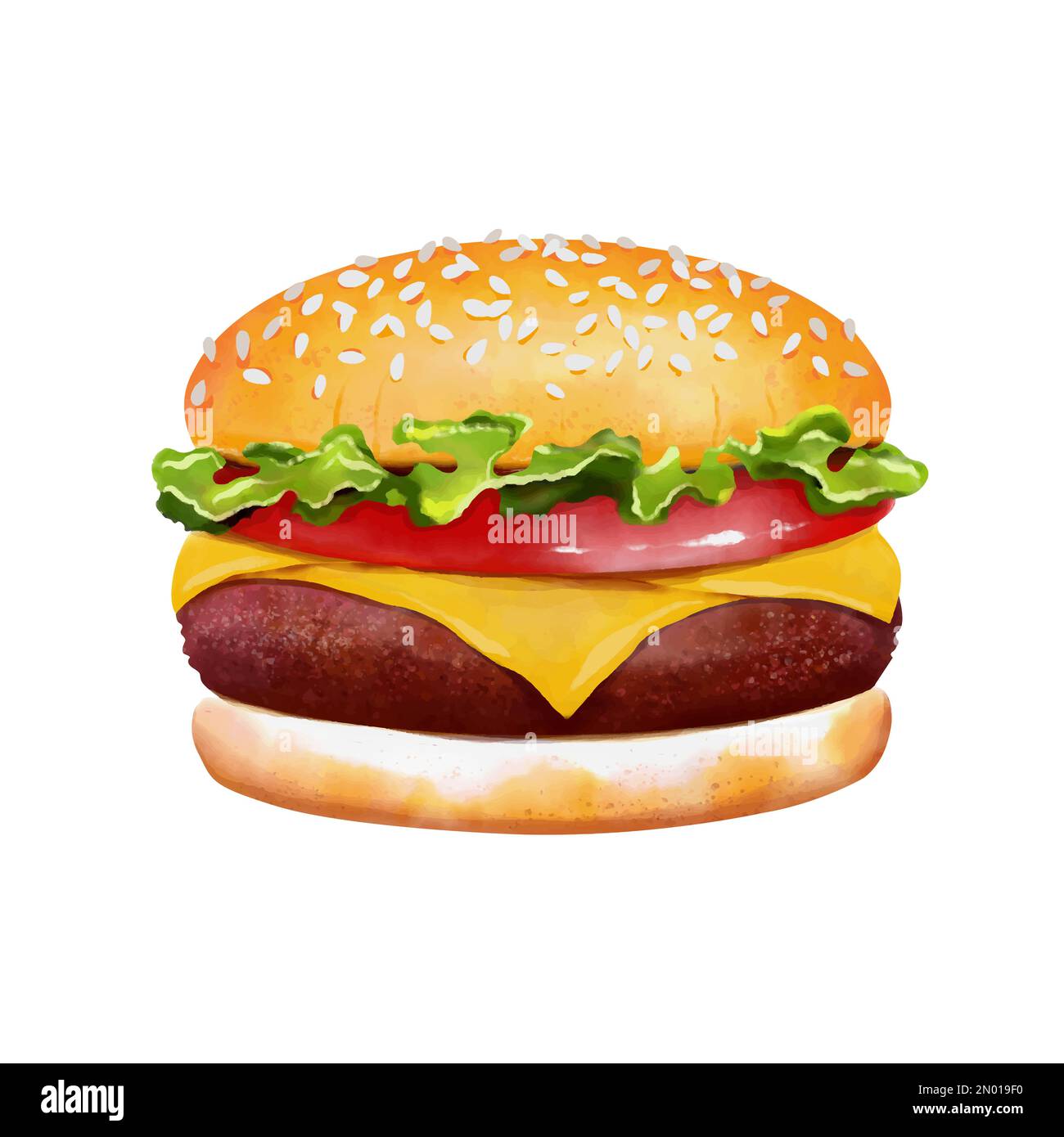 Hamburger-Design in Aquarellfarben. Leckeres helles, detailliertes Sandwich auf weißem Hintergrund. Stock Vektor