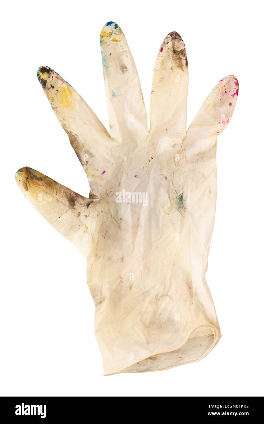 Weiße Gummihandschuhe an Stellen mit Farbe auf weißem Hintergrund. Das Konzept der Kreativität, der Schöpfung. Datei enthält Beschneidungspfad. Stockfoto