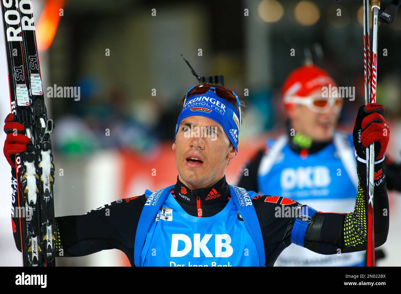 Winner Simon Schempp of Germany reacts after the finish in the men's 12.5 km pursuit at the IBU World Championships Biathlon at Khanty-Mansiysk, 2759 km north-east of Moscow, Russia, Saturday, March 19, 2016. (AP Photo/Sergei Grits) Stockfoto
