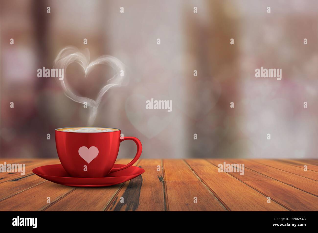 Valentinswoche, besondere Illustrationsidee. Herzform der dampfenden Kaffeetasse. Bokeh-Effekt. Leerer Platz. Stockfoto