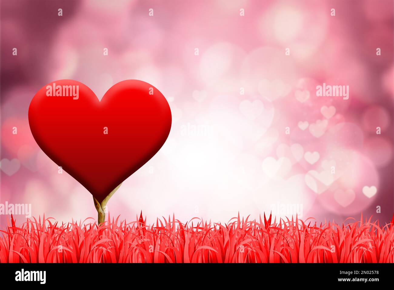 Valentinswoche, besondere Illustrationsidee. Ein Herz steht auf dem Hintergrund von Naturgras. Leerer Platz. Stockfoto