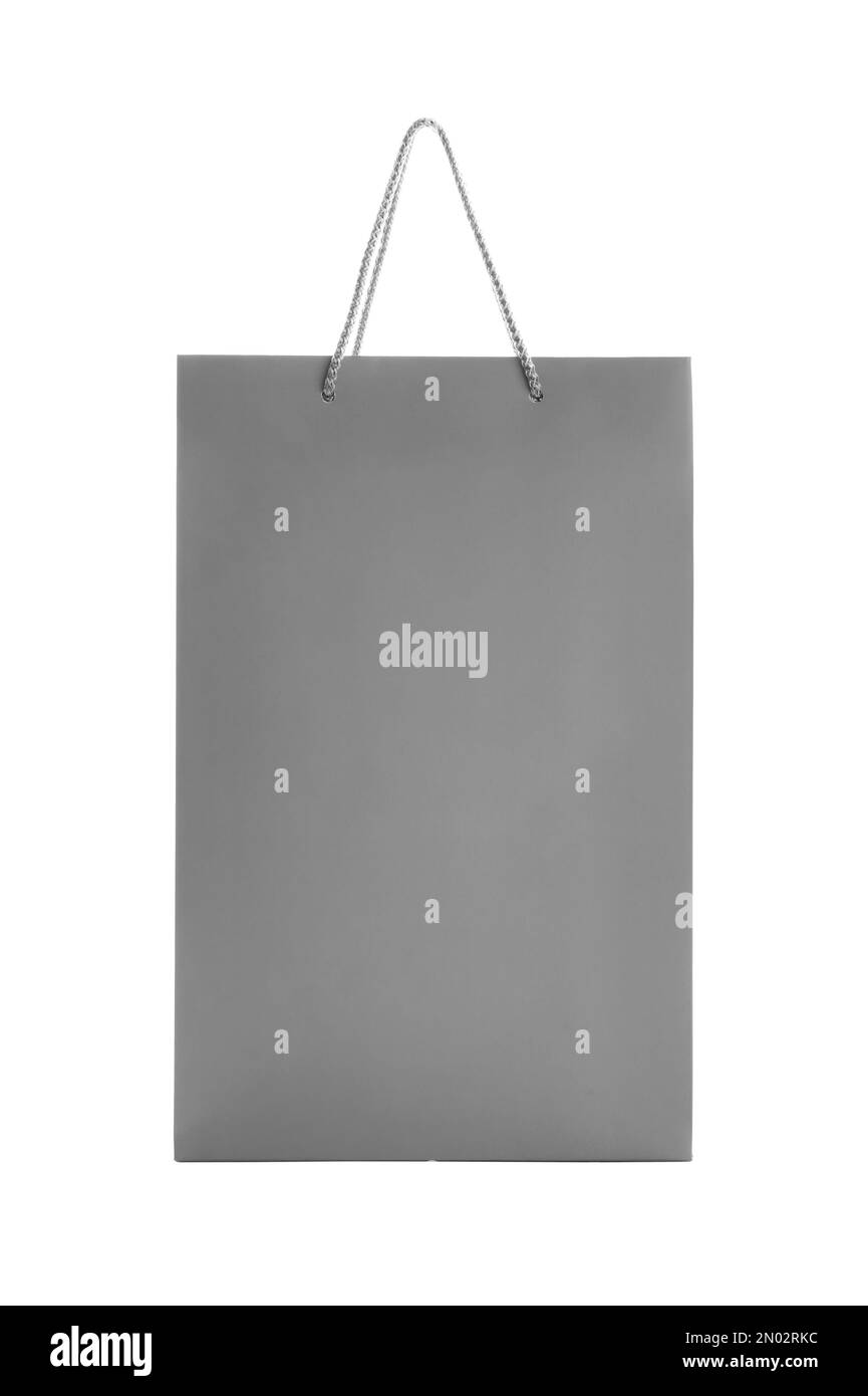 Graue Einkaufstasche aus Papier isoliert auf weiß Stockfoto