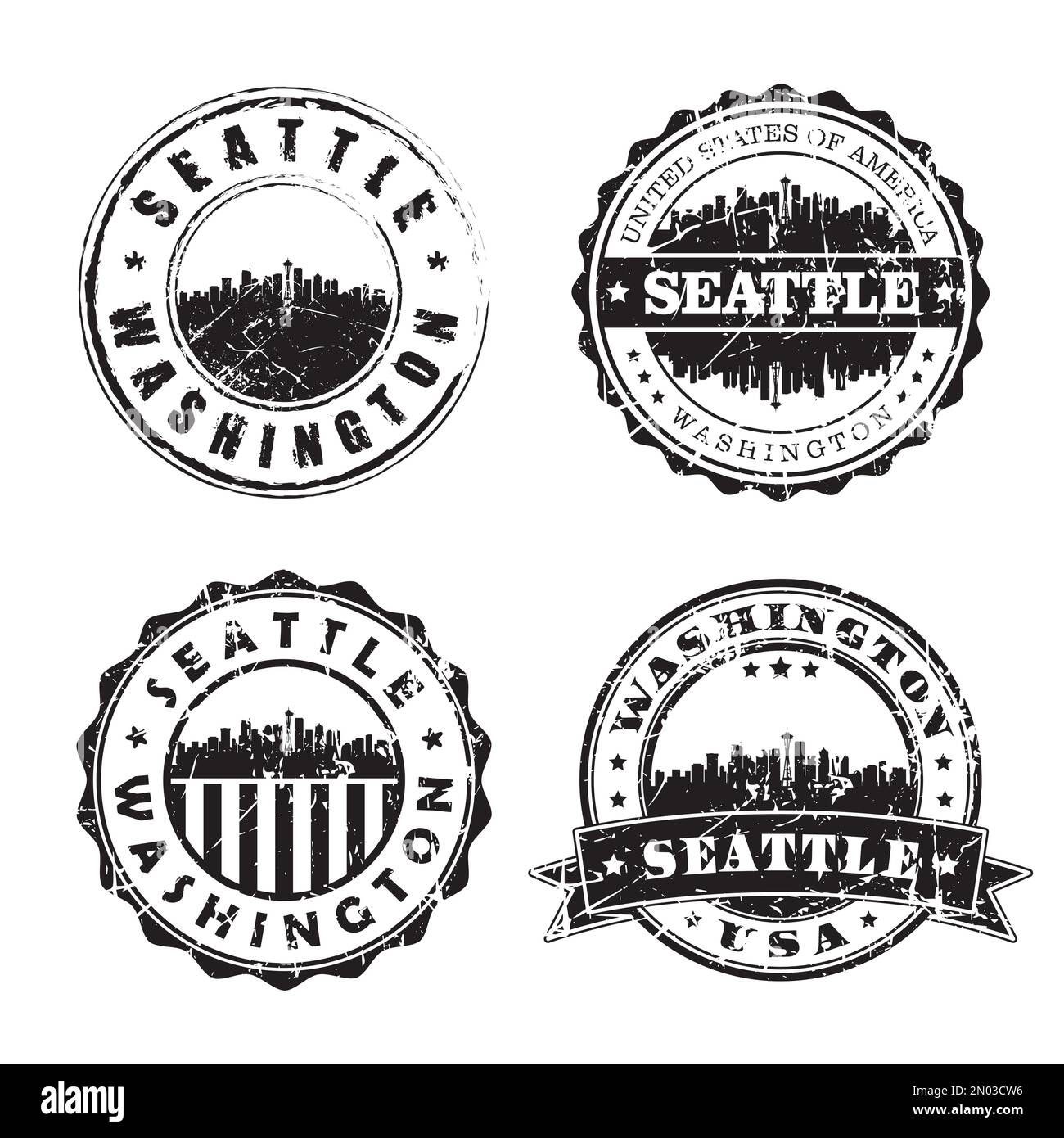 Seattle Washington Stamp Skyline Postmark. Silhouette Postpass. Symbolgruppe "City Round Vector". Vintage Porto Stock Vektor